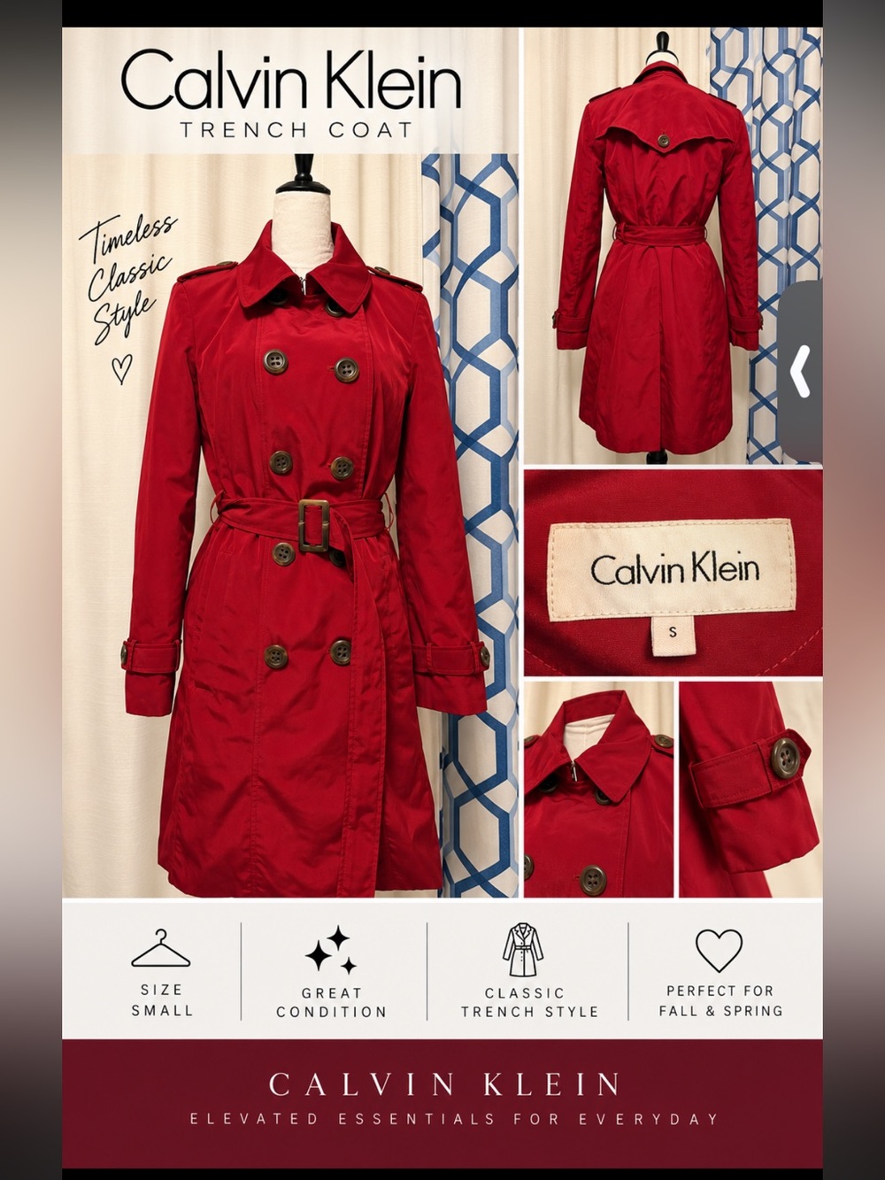 Calvin Klein Women's small Red Trench Coat - Timeless Classic